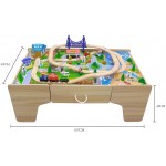 Set trenulete din lemn Busy City 2 in 1  cu masuta de joaca si sertar si 80 de piese